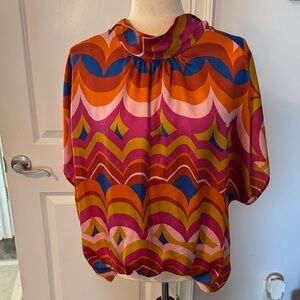 Adrienne Multicolor Retro Print Short Sleeve Blouse
